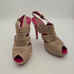 Creazioni Taccetti Beige Ruched Leather Peep‎ Toe Slingback Heels 38/7.5 Italian